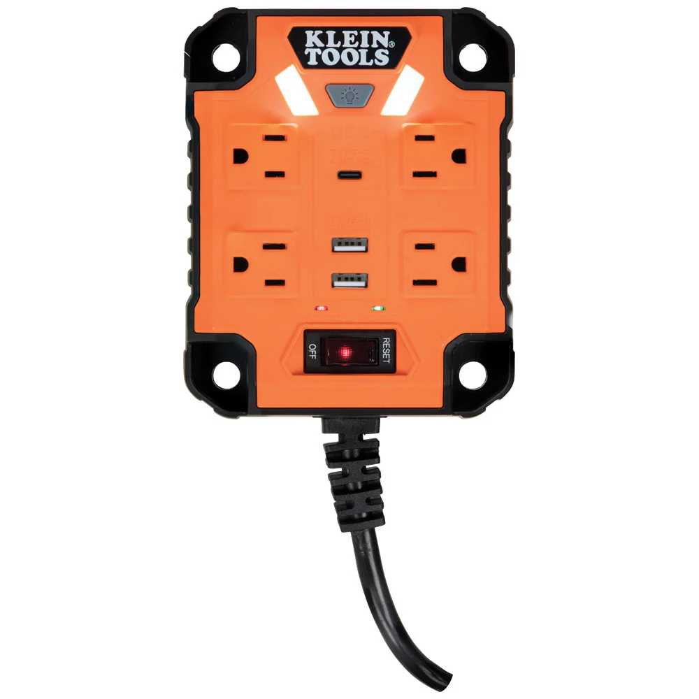 Klein Tools, 29601, Power Strip, 4 x 120V AC Outlets, 2 x USB-A, 1 x USB-C, 1875W, Magnetic Mount, Integrated LED Lights - Image 7