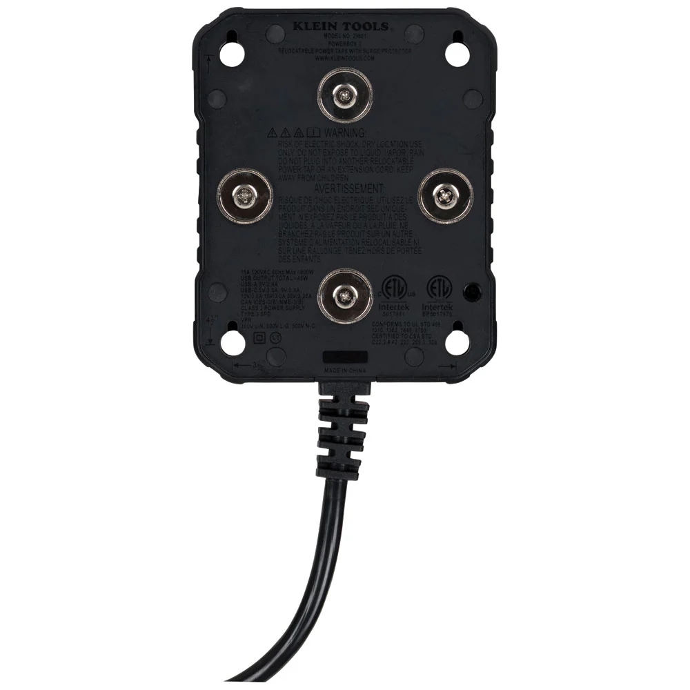 Klein Tools, 29601, Power Strip, 4 x 120V AC Outlets, 2 x USB-A, 1 x USB-C, 1875W, Magnetic Mount, Integrated LED Lights - Image 8